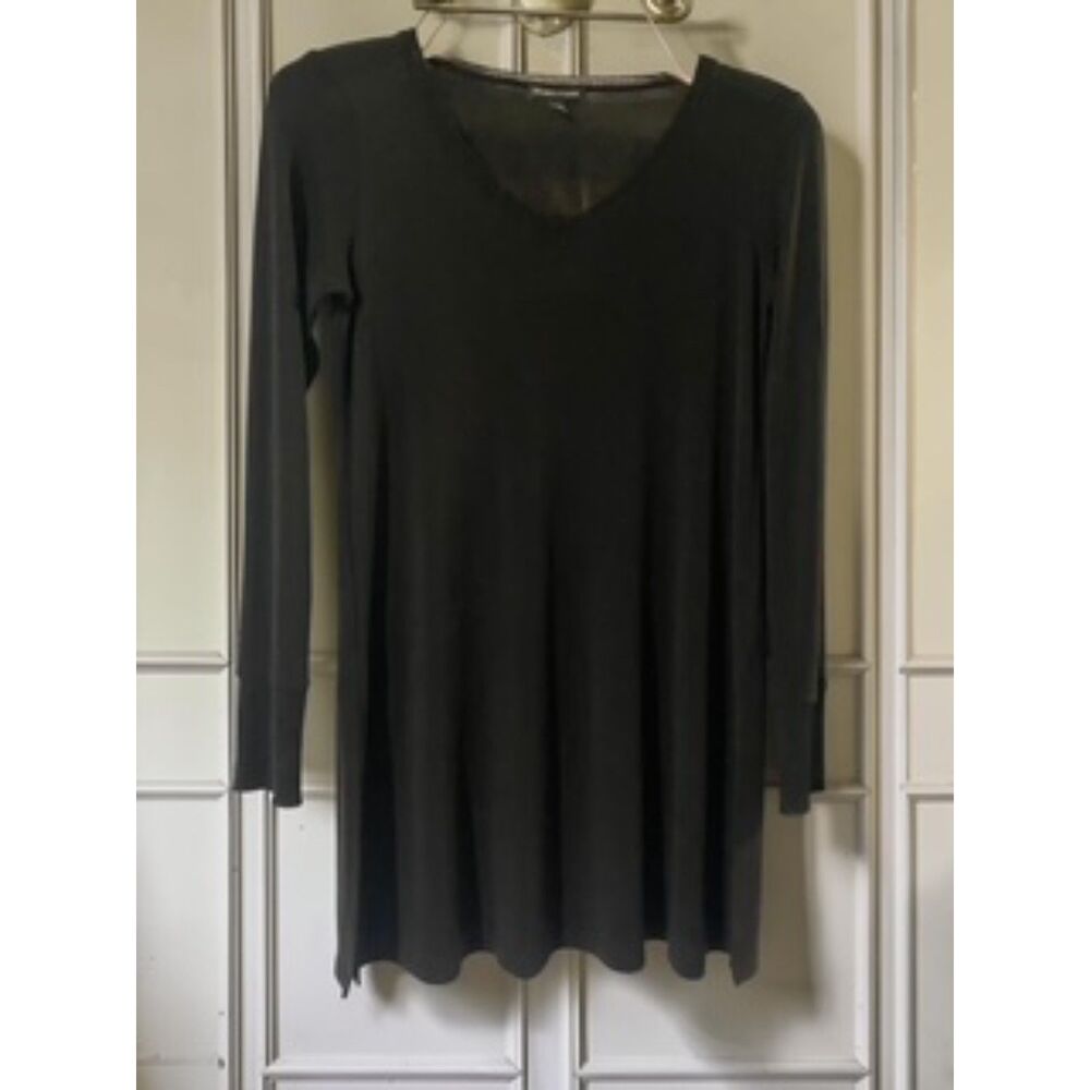 : Eileen Fisher 100% Silk Jersey Knit Long Sleeve V-Neck Tunic Top Black XXS